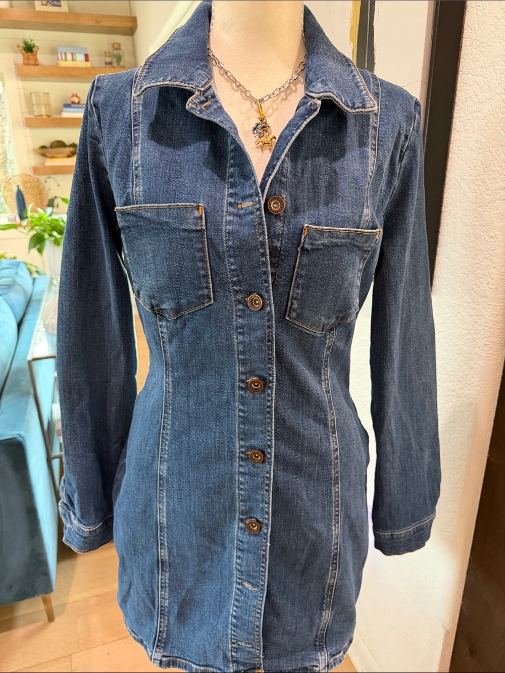 Zara Dark Blue Denim Button-Front Shirt Dress Size Small Cotton